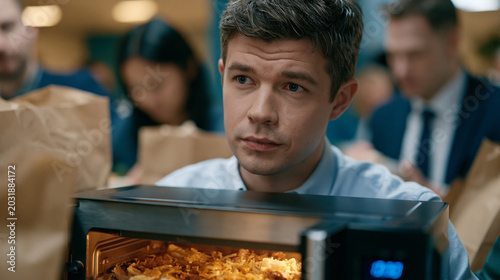 Man sitting at crowded open-plan office lunchroom microwaving leftovers alone, coworkers with takeout bags around him, glancing at their food, emotional eating trigger, workplace food environment, s