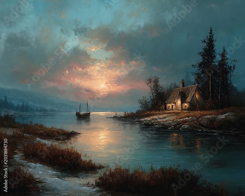 Serene Lakeside Cottage at Sunset - A Tranquil Coastal Scene.