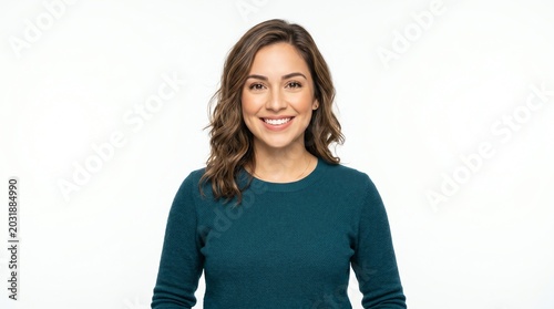 Portrait of a Smiling Young Woman in Casual Green Sweater on White Background