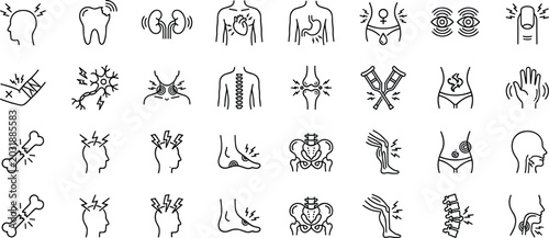 Photos Medical pain and body injury icons pack showing internal organ distress and physical health condition discomfort