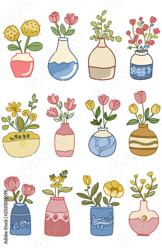 set of sticker flowers in vase