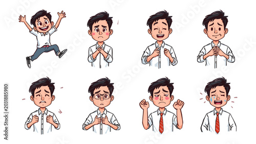 Tableau sur toile Emotional Spectrum of a Young Man: A collection of eight illustrated panels showcasing a young man's varied emotions, from exuberant joy and excitement to sadness, frustration, and concern