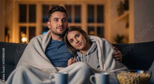 Young couple enjoys a cozy evening at home, snuggled under a blanket on the sofa, watching a movie together with popcorn and warm drinks