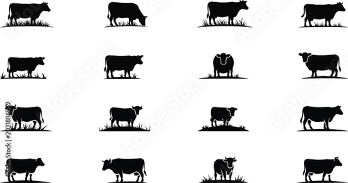 Schilderij op canvas Cattle Silhouette Collection Featuring Farm Cow Grazing and Livestock Poses for