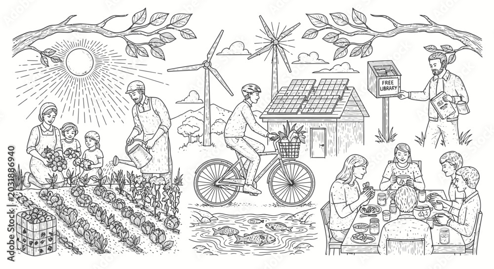 Obraz premium Sustainable living and eco friendly practices illustrated in detailed line art