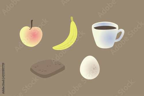 Flat minimal food icons set: fruit, banana, coffee, bread, egg