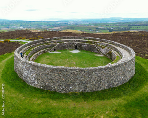 Aerial photography of Grianán of Aileach, also called Grianán Ailigh, anglicised as Greenan Ely or Greenan Fort, a hillfort in County Donegal, Ireland.