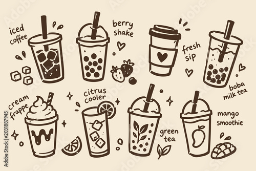 Cold Drinks Set Doodle Sketch Vector Illustration
