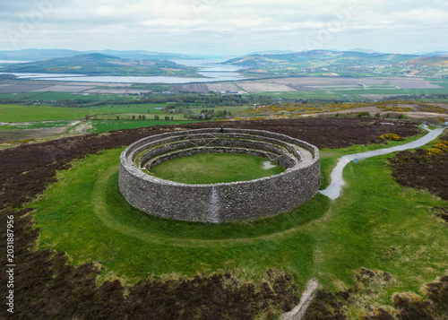Aerial photography of Grianán of Aileach, also called Grianán Ailigh, anglicised as Greenan Ely or Greenan Fort, a hillfort in County Donegal, Ireland.
