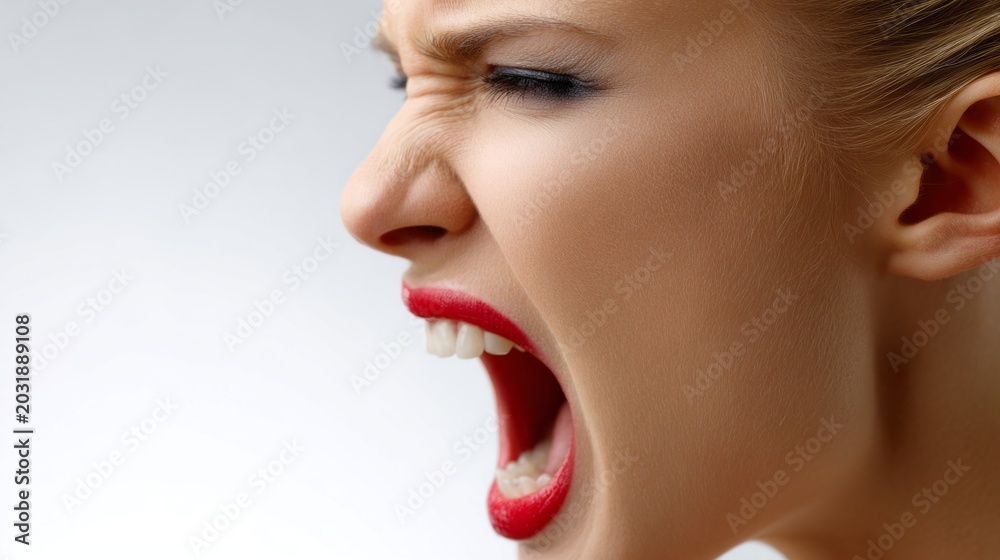 Fototapeta premium A young woman passionately screams, her fierce expression reflecting raw emotions. The minimalist background enhances the power of her view, showcasing a moment of pure intensity and energy