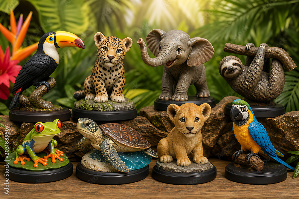 Fototapeta premium A group of animal figurines on display in a lush jungle environment with a toucan, leopard, elephant, sloth, frog, turtle, lion, and parrot.