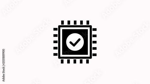 Black and white icon of aCPU chip with a checkmark inside a circle processor computer