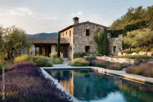 Lavender garden surrounds stone house near a swimming pool in Tuscany during late afternoon with sunlight illuminating the landscape and creating shadows on the water