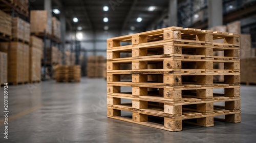 Stacks of empty wooden pallets in the warehouse.