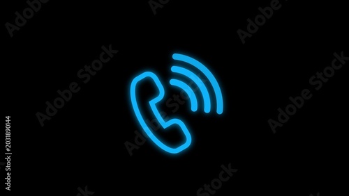Quadro su tela Glowing blue telephone receiver icon with sound waves on black background symbol