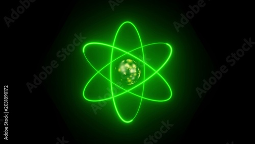 Foto Glowing green atom symbol with orbiting electrons and nucleus on black backgroun