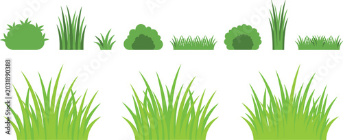 Tableau sur toile Green grass tufts and bushes vector collection element set isolated on white bac