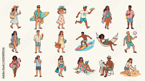 Diverse people enjoying summer beach activities. Vector illustration of characters surfing sunbathing building sandcastles and relaxing on summer vacation.