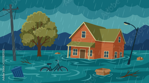 Tableau sur toile Residential street and house caught in a severe flood during a heavy rainstorm