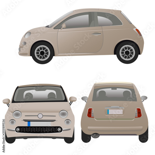 Принти на полотні Petite voiture citadine vue de dos, de face et profil sur fond blanc