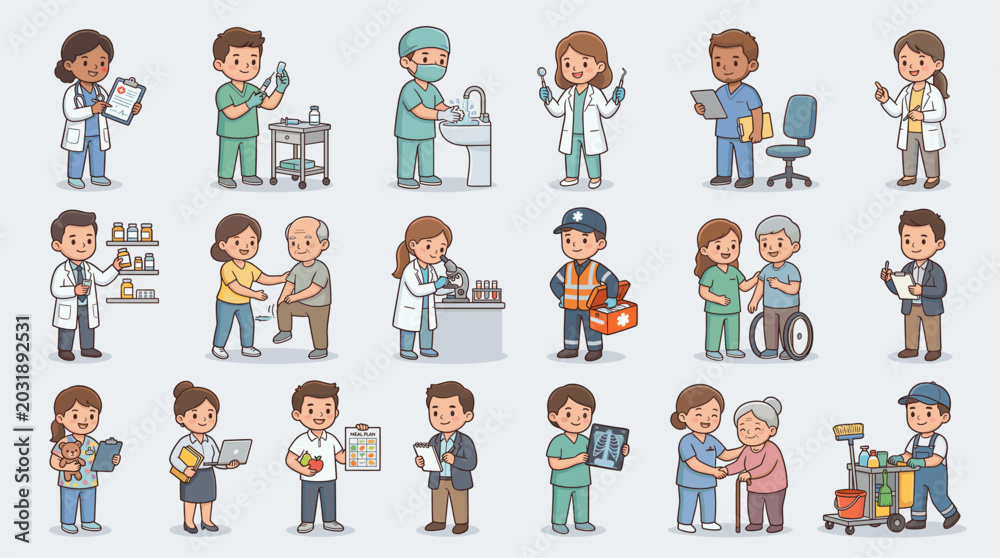 Fototapeta premium Collection of diverse medical professionals featuring doctors nurses surgeons caregivers and pharmacists providing healthcare to patients.