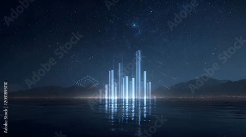 A dramatic depiction of a cosmic night sky filled with glowing starlight and abstract light patterns