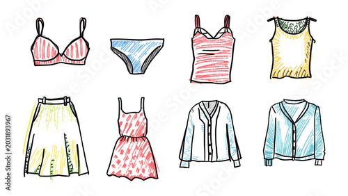 Quadro su tela Fashion Sketch Collection: A vibrant collection of hand-drawn fashion sketches featuring a variety of women's apparel, including lingerie, skirts, dresses, and cardigans, presented in a clean