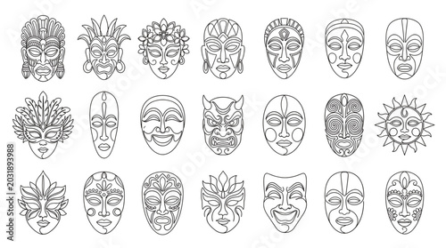 Set of diverse traditional tribal masks in line art style isolated on white background.