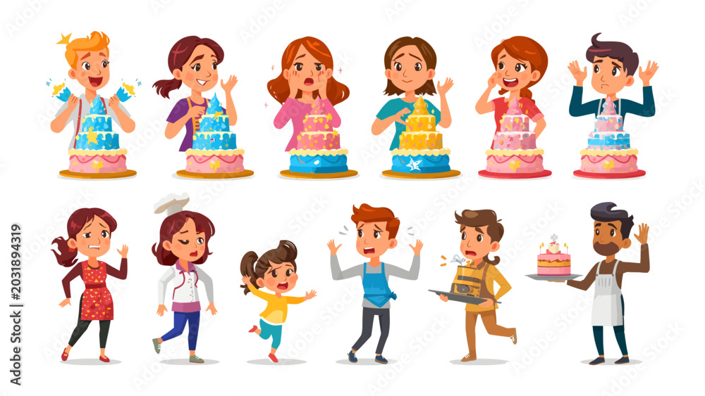 Fototapeta premium Celebration Cake Collection: A vibrant illustration showcasing diverse characters joyfully interacting with colorful, multi-tiered cakes, embodying the spirit of celebration and sweet indulgence.