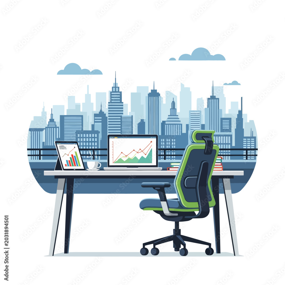 Naklejka premium Modern Office Desk with City Skyline View - Business Illustration