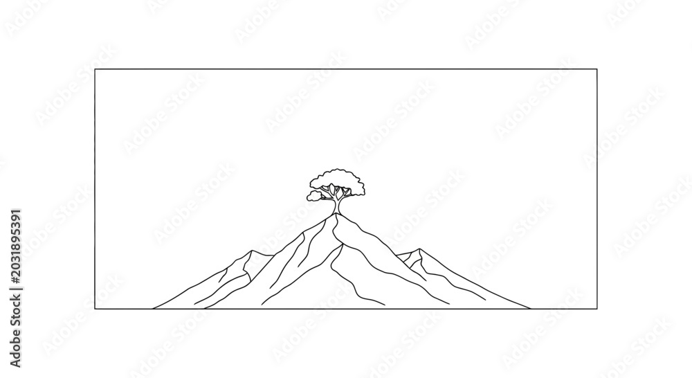 Fototapeta premium Lone Tree on Mountain Peak - Minimalist Line Art