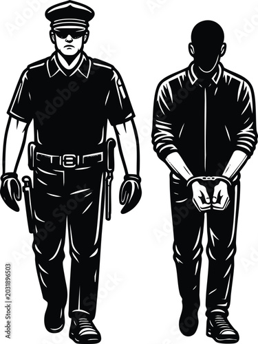 Cuadro en lienzo Dedicated police officer escorting a handcuffed criminal suspect in this detaile