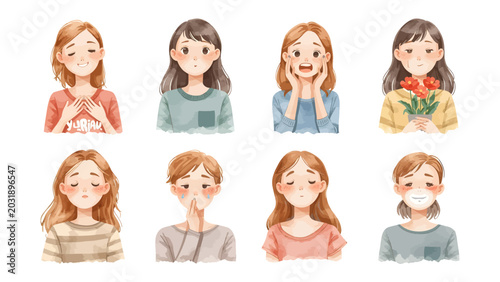 Fotografie Collection of Woman's Emotion Portraits: A charming watercolor illustration features a collection of diverse portraits of young women, each depicting a distinct emotion and expression