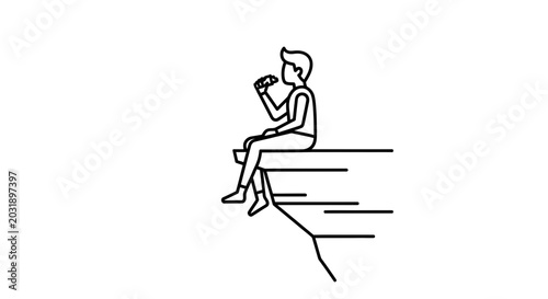 Man sitting on cliff edge eating food, contemplation, solitude, risk, adventure, simple line art
