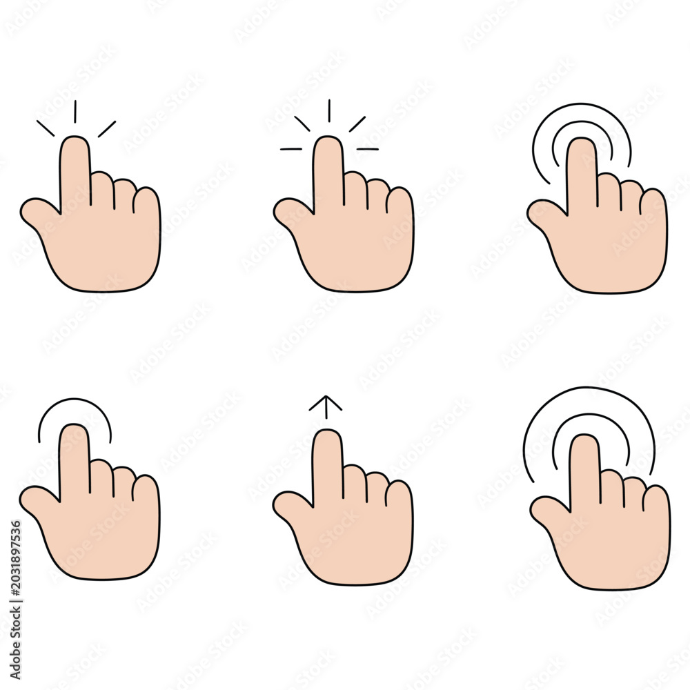 Fototapeta premium Hand-drawn cartoon set of finger click icons on a white background.