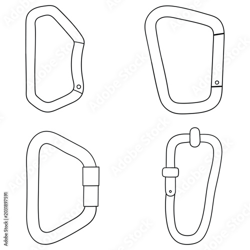 Photos Hand-drawn doodle set of carabiners on a white background.
