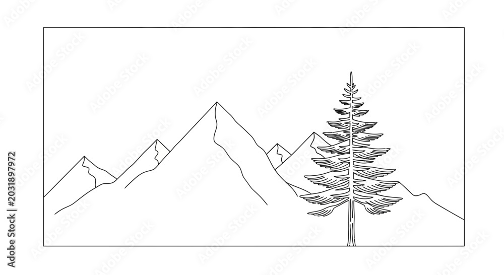 Fototapeta premium Minimalist Line Drawing of Majestic Mountains and Evergreen Tree Landscape