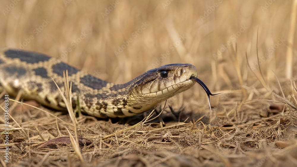 Obraz premium slither. A venomous snake slithering through dry grass, its forked tongue flicking. wildlife magazines, conservation campaigns, designed for nature documentaries and education.