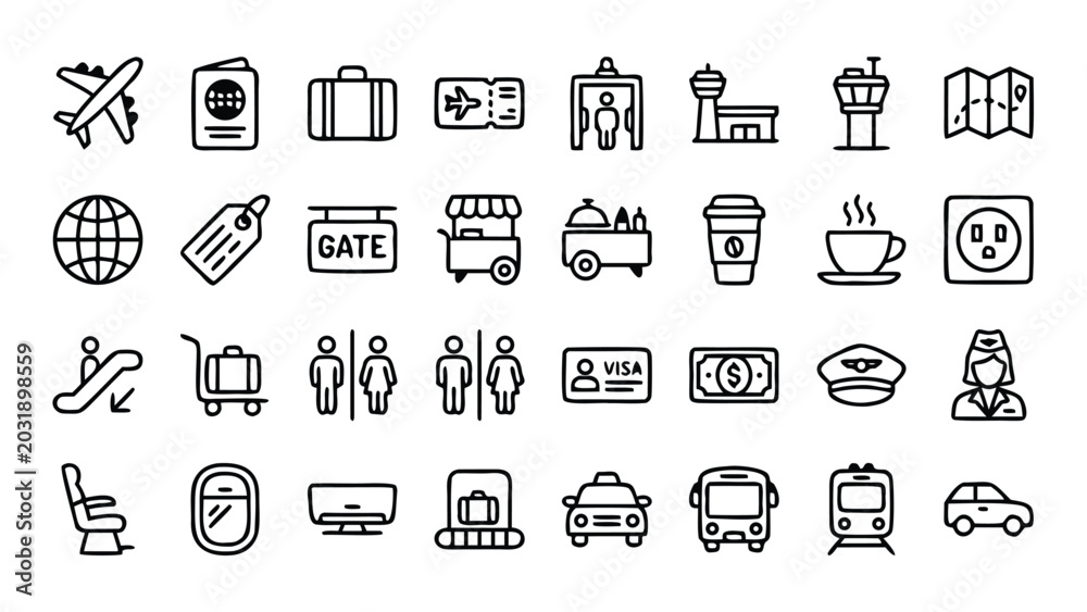 Fototapeta premium Professional set of 32 airport and travel line icons in a clean outline style with rounded corners. Includes airplane, passport, suitcase, ticket, security, gate, taxi, bus, train, pilot, and more.