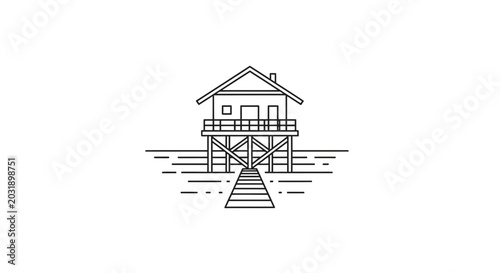 Minimalist line art of a stilt house on water with a wooden walkway