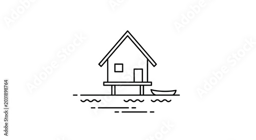 Minimalist Line Art of a Stilt House and Boat on Water