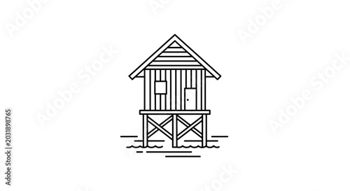 Minimalist Line Art of a Stilt House on Water, Simple Architectural Design