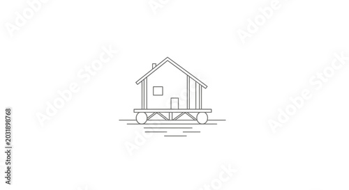 Minimalist Line Art of a Stilt House on Water with Simple Lines
