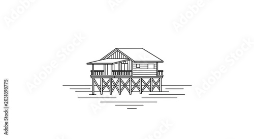 Minimalist Line Art of a Stilt House on Water, Simple Architecture Design
