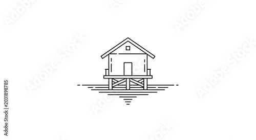 Minimalist Line Art of a Stilt House on Water, Simple Architecture, Calm Scene