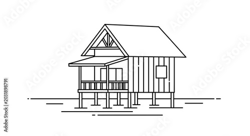 Minimalist Line Art of a Stilt House on Water, Simple Architectural Drawing