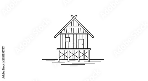 Minimalist Line Art of a Stilt House on Water, Simple Cabin Illustration