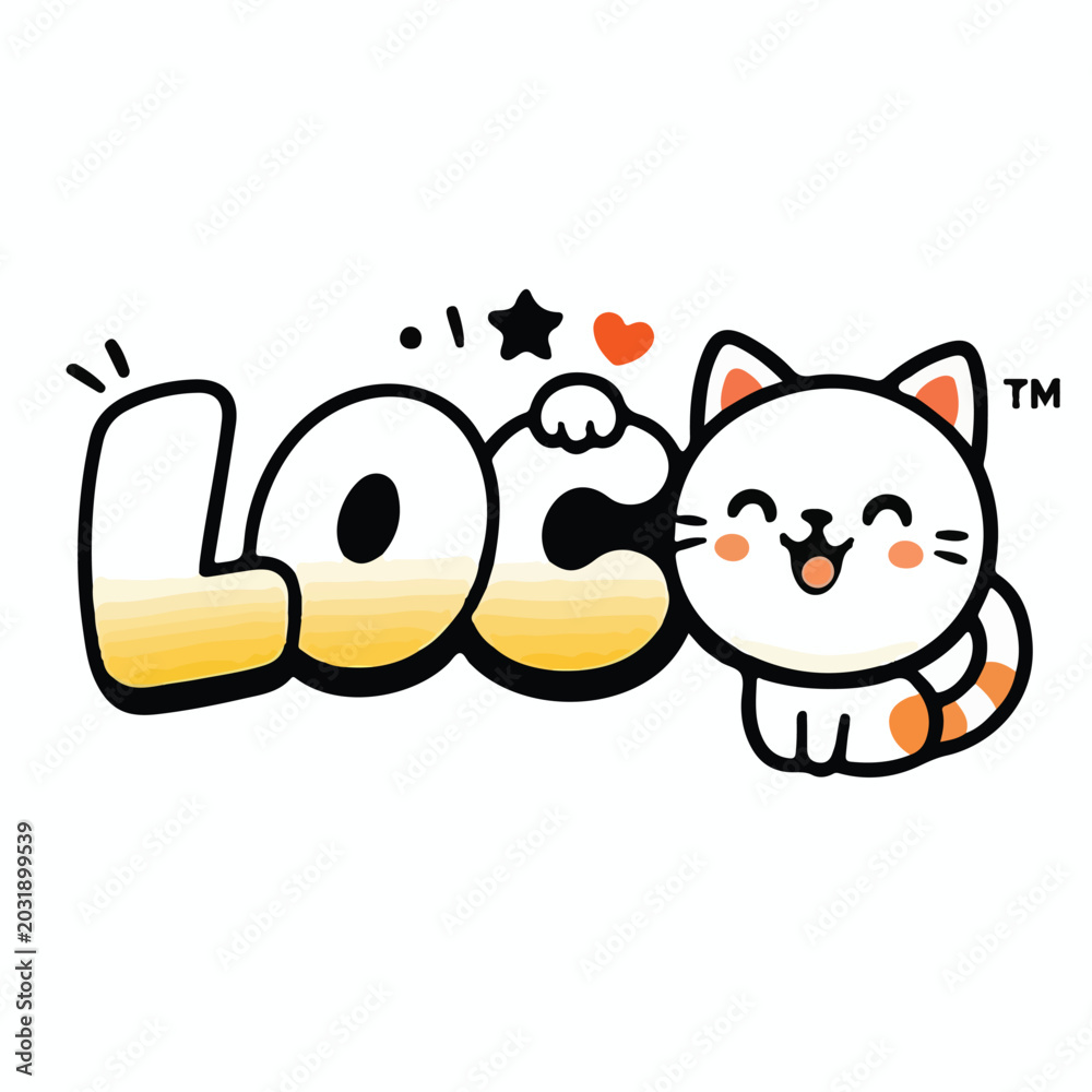 Fototapeta premium This creative vector illustration shows a cute cartoon cat character integrated into a stylized logo with a joyful smiling expression