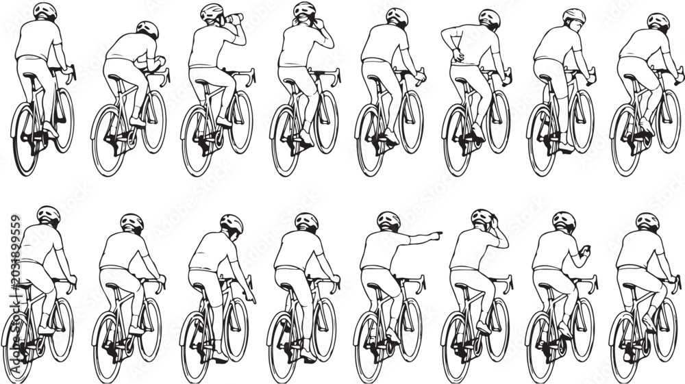 Obraz premium Cyclist hand signals and riding positions vector set, 16 line art icons of bicycle safety gestures, road bike rider communication illustrations