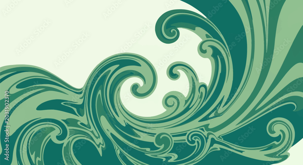 Fototapeta premium Abstract vector illustration of green swirling waves and organic curved shapes in teal and mint tones on a light background featuring stylized fluid motion and graphic scrolls.